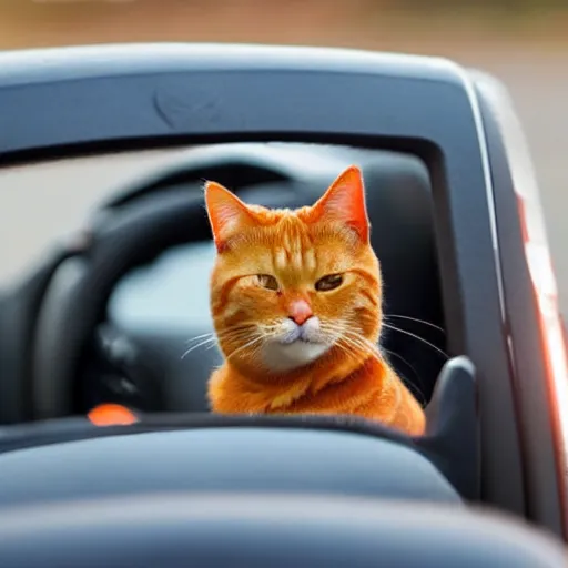 Image similar to an orange tabby cat driving a car