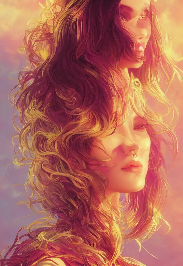 Image similar to beautiful, young woman, magical, detailed gorgeous face, vaporwave aesthetic, synthwave, colorful, psychedelic, artstation, concept art, smooth, extremely sharp detail, finely tuned detail, ultra high definition, 8 k, unreal engine 5, ultra sharp focus, illustration, art by artgerm, greg rutkowski and alphonse mucha