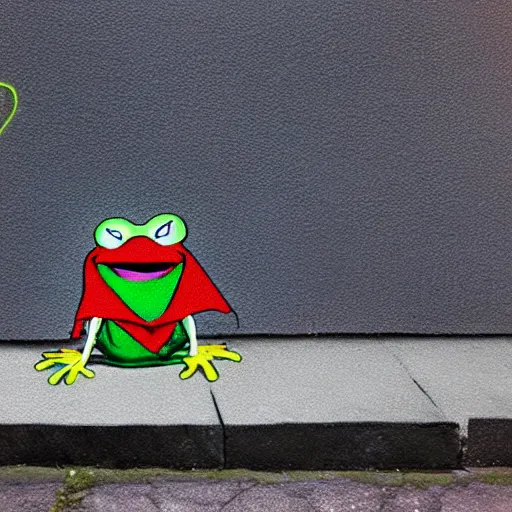 Prompt: street graffiti of kermit the frog sleeping in the doorway of an oppressive evil building. octane render 4 k