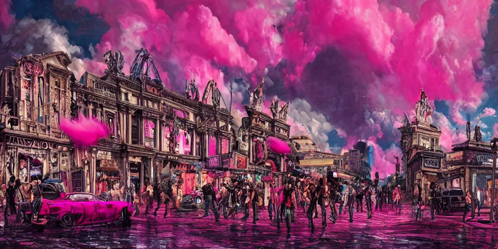 Prompt: oil painting, a lot of punks, pink, cool punk close - up, rich deep colors masterpiece, make a stunningly detailed art, neon, ultra detailed, contrast, heaven pink, lots of roman arches, punk rock with mohawks, clouds, sky, volumetric light, atmospheric lighting, dramatic, highly detailed, cinematic, moody, octane render 4 k, 8 k