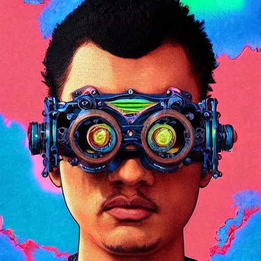 Prompt: colourful vfx upper half - portrait - art of a nigerian boywearing steam punk goggles, art by utagawa kunisada, james jean & alphonse mucha, symmetrical, intricate detail, concept art, volumetric light, ray tracing, caricature, digital illustration, octane 3 d render, unreal engine, sharp, pinterest, behance, art station,