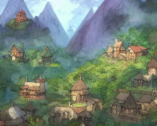 Image similar to mountain overseeing fantasy village next to a forest, studio ghibli style, hayao miyazaki, award winning photograph, highly detailed, artstation