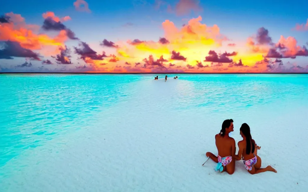 Image similar to alone together peaceful sipping pina coladas on a beautiful tropical island beach, white sands, perfect sunset, turquoise lagoon