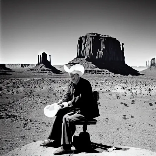 Image similar to a cinematic 5 0 s portrait photography of john wayne eating chocolate chunk space cookies, cowboy, monument valley landscape, farwest,