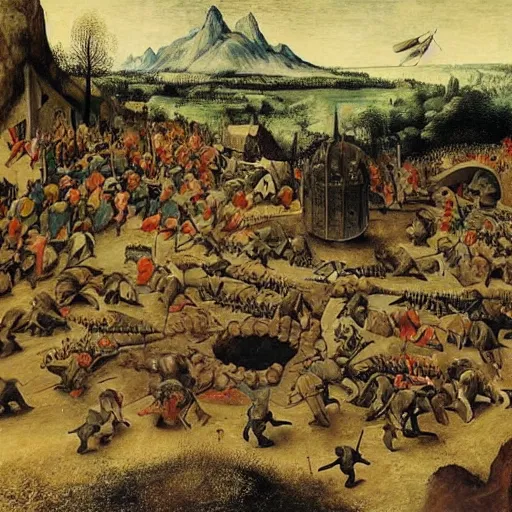 Image similar to a beautiful installation art of a battle scene from the lord of the rings. by pieter bruegel the elder