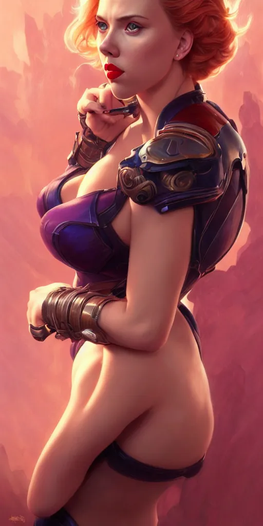 Image similar to scarlett johansson, pinup, league of legends, intricate, highly detailed, digital painting, hyperrealistic, artstation, concept art, smooth, sharp focus, illustration, Unreal Engine 5, 8K, art by artgerm and greg rutkowski and alphonse mucha, by Jesper Ejsing