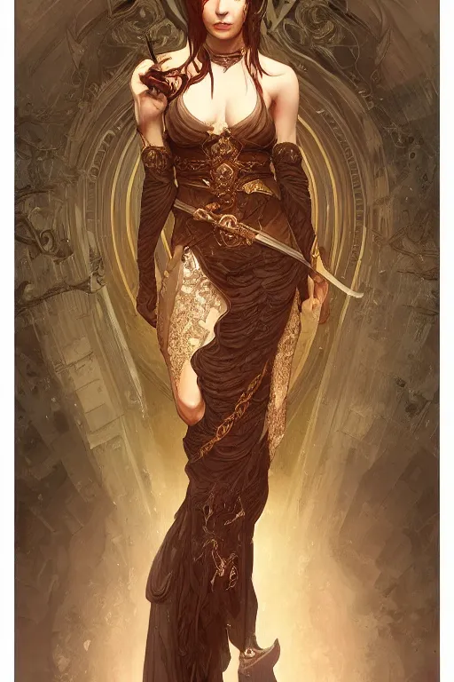 Image similar to full body portrait of a female mage, D&D, fantasy, intricate, elegant, highly detailed, digital painting, artstation, concept art, smooth, sharp focus, illustration, art by artgerm and greg rutkowski and alphonse mucha