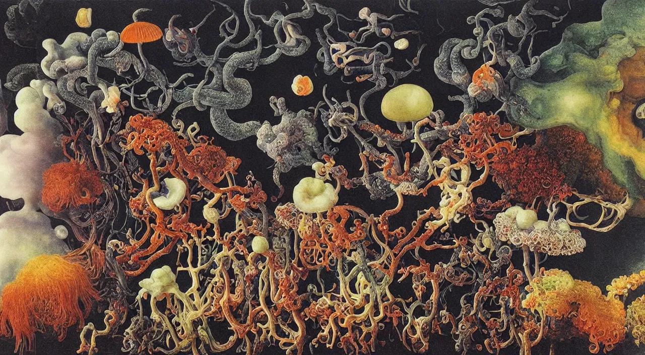 Image similar to a single colorful! ( lovecraftian ) fungus white! clear empty sky, a high contrast!! ultradetailed photorealistic painting by jan van eyck, audubon, rene magritte, agnes pelton, max ernst, walton ford, andreas achenbach, ernst haeckel, hard lighting, masterpiece