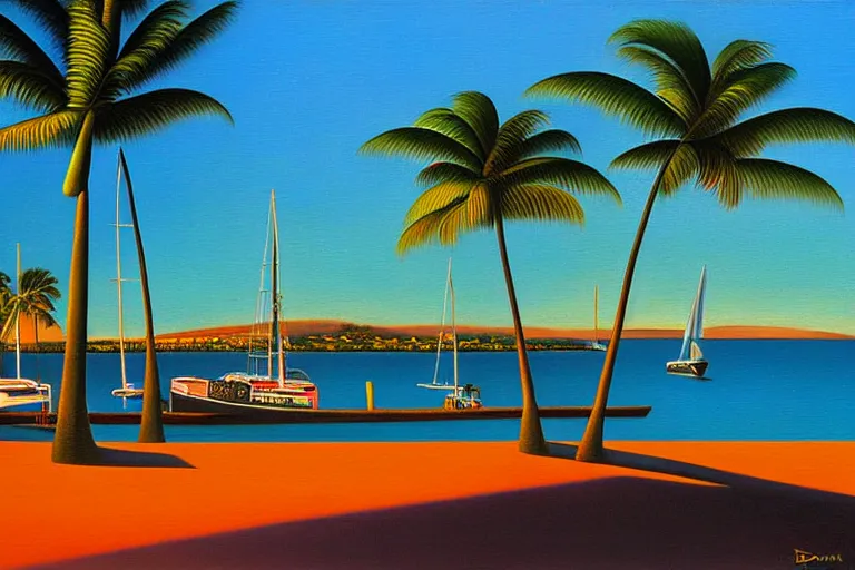 Prompt: Lahaina Maui harbor, sunset with palms, by Botero, oil painting