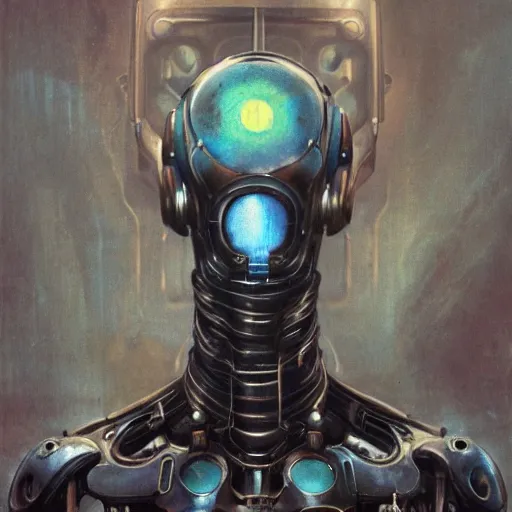 Prompt: portrait of a labradorite ultron from age of ultron, clockwork steampunk, dieselpunk, by beksinski, 4 k, deviantart, trending on artstation