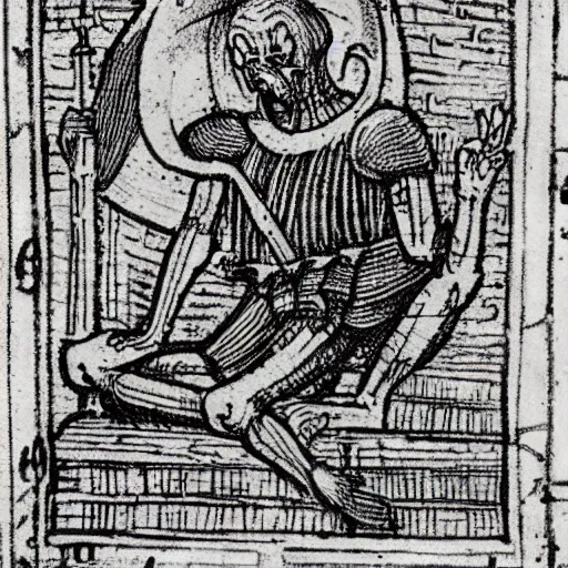 Prompt: medieval sketch of a demon representing exhaustion