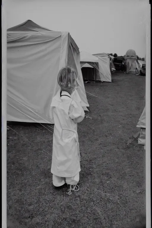 Image similar to photo polaroid of a sad and lonely child in a white coat and barefoot stands in the middle from behind the camera many big tents of field hospitals, pandemic, covid, loneliness, black and white ,photorealistic, 35mm film,