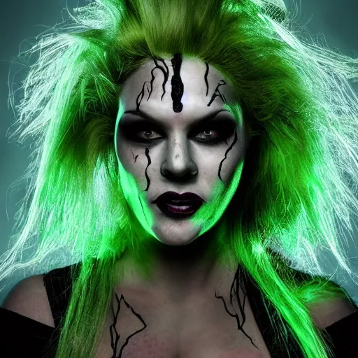 Prompt: a portrait photo of a poison themed female villain, green glowing cracks on face, poison dripping, gloom, scary face, extremely detailed,