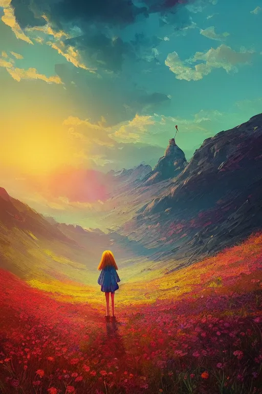 Image similar to giant daisy flower head, girl hiking in the mountains, surreal photography, sunrise, dramatic light, impressionist painting, colorful clouds, digital painting, artstation, simon stalenhag