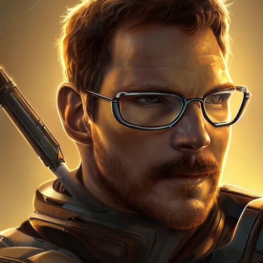 Image similar to chris pratt as the gordon freeman from half life, unreal engine, sci fi, intricate, elegant, highly detailed, digital painting, artstation, concept art, matte, sharp focus, illustration, art by greg rutkowski and alphonse mucha