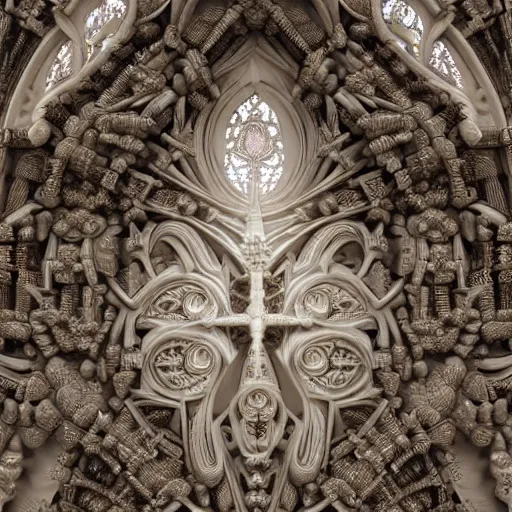 Image similar to a hyperrealistic 3 d render of a delicate ivory sculpture of an ornate detailed cathedral populated by mandelbrot fractals, micro detail, unreal engine, backlit lighting, octane renderer, catholicpunk, carved ivory, physically based rendering, carved soap, trending on cgsociety