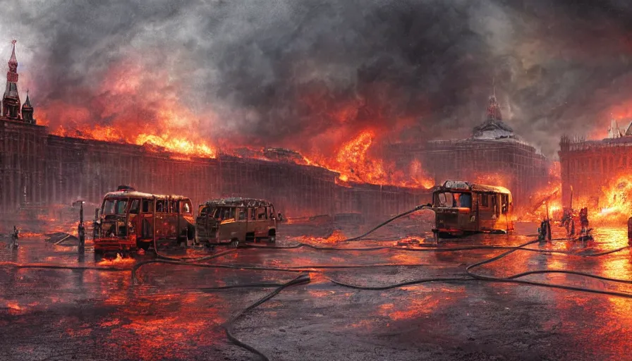 Image similar to A detailed render of a post apocalyptic scene of Fire and explosions on Red Square and the Kremlin, burned down rusty Moscow buses in flood water, sci-fi concept art, nuclear mushroom, lots of fire, panic, dark, clouds, 8k, high detail, advanced rendering whimsically designed art, 4k post-processing highly detailed, Soft illumination