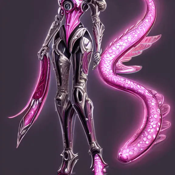 Image similar to highly detailed exquisite fanart, of a beautiful female warframe, but as an anthropomorphic robot dragon with, shiny silver armor with fuchsia accents, engraved, elegant pose, close-up shot, full body shot, epic cinematic shot, sharp claws for hands, long elegant tail, professional digital art, high end digital art, singular, realistic, DeviantArt, artstation, Furaffinity, 8k HD render