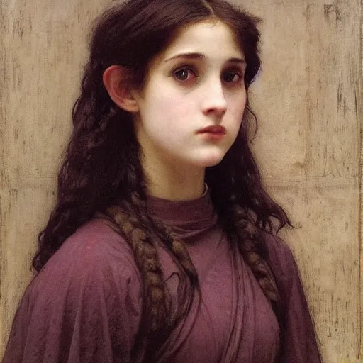 Image similar to a realistic face portrait of a teenage girl who looks like Uma Thurmond and Winona Ryder with an anxious expression and slightly open mouth, wearing ragged Jedi robes and holding a lightsaber, by William-Adolphe Bouguereau, John William Waterhouse, Frederic Leighton, Alphonse Mucha, Edward Burne Jones