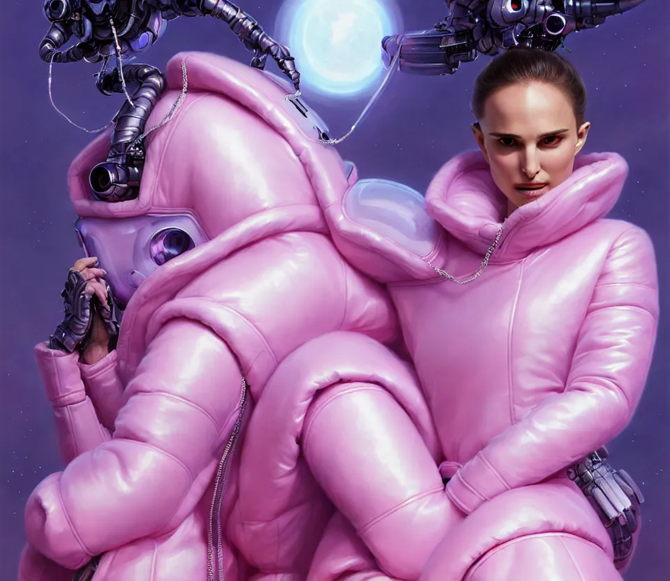 Prompt: beautiful fantasy character portrait, natalie portman, wearing pink puffy bomber jacket with white fur, seductive reclining pose, futuristic chrome drones, ultra realistic, dramatic lighting, robots, electrical artifacts, highly detailed by peter mohrbacher, hajime sorayama, wayne barlowe, boris vallejo, aaron horkey, gaston bussiere, craig mullins