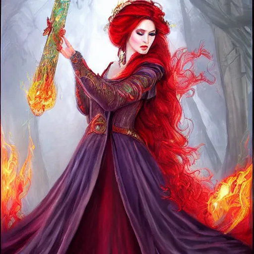 Prompt: Fantastic, fairytale, portrait, painting, beautiful!, female mage!, long flowing red hair, flames emitting from fingertips, ornate gown, smoldering, serious, royalty kingdom, royal court, hyperreal, photoreal painting, dungeons and dragons