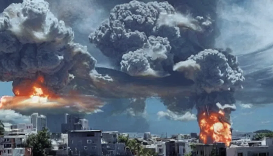 Image similar to big budget action movie about a nuclear explosion destroying a city