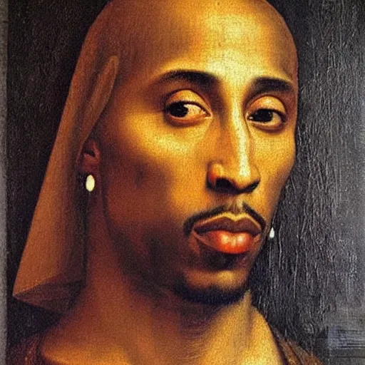 Image similar to A Renaissance portrait painting of Tupac Shakur by Giovanni Bellini and Leonardo da Vinci. Tupac