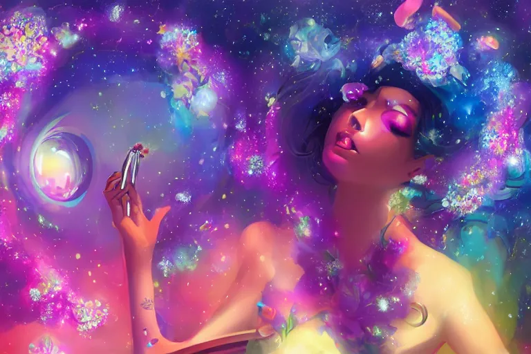 Image similar to psychedelic, whimsical, anime, 4k, beautiful lusty woman smoking weed, with professional makeup, long trippy hair, a crystal and flower dress, sitting on a reflective pool, surrounded by gems, underneath the stars, rainbow fireflies, trending on patreon, deviantart, twitter, artstation, volumetric lighting, heavy contrast, art style of Greg Rutkowski and Miho Hirano and Ross Tran