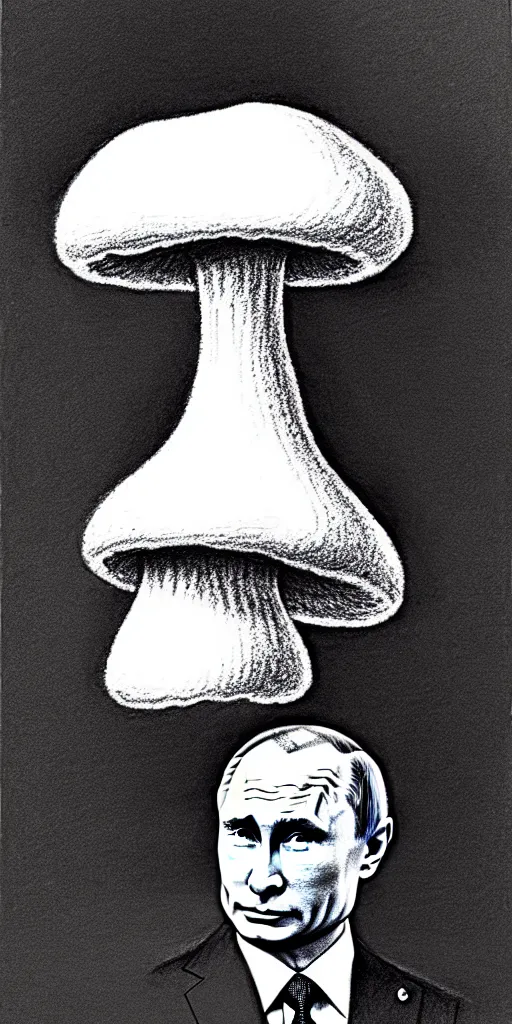 Image similar to vladimir putin with a nuclear mushroom cloud hat, cartoonish, ultra detailed pencil drawing