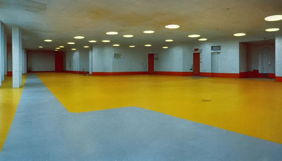 Image similar to 60s movie still of a sovietic stalinist style empty hall with yellow tiles and non-separate toilets, cinestill 800t 50mm eastmancolor, liminal Space style, heavy grain-s 150