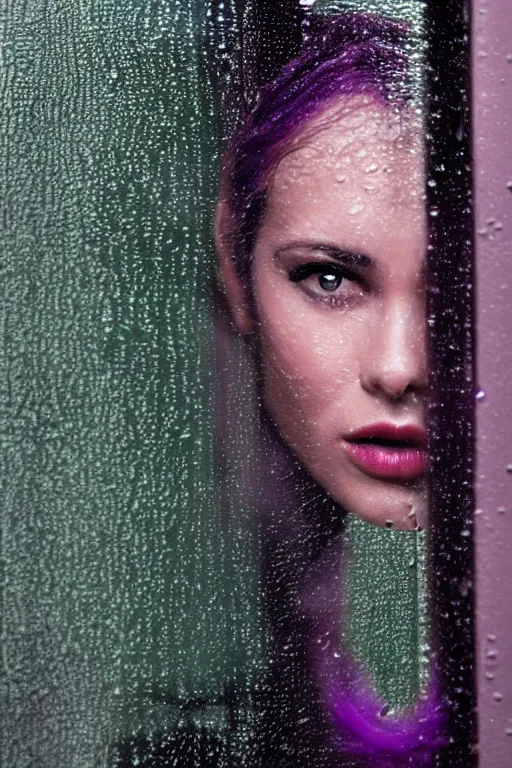 Image similar to close up of a models face looking out a window on a rainy night photographed by Mark Seliger, rain drops on window, rain, green and purple hair, photo realistic, uplight, nighttime, city light reflections
