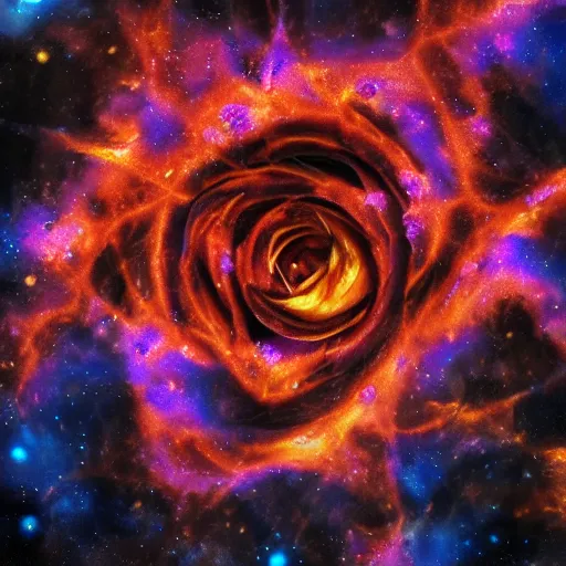 Prompt: lsd hallucination based on award - winning macro of a beautiful black rose made of molten magma and nebulae on black background by harold davis, highly detailed, inner glow, trending on deviantart, artstation and flickr, nasa space photography, national geographic