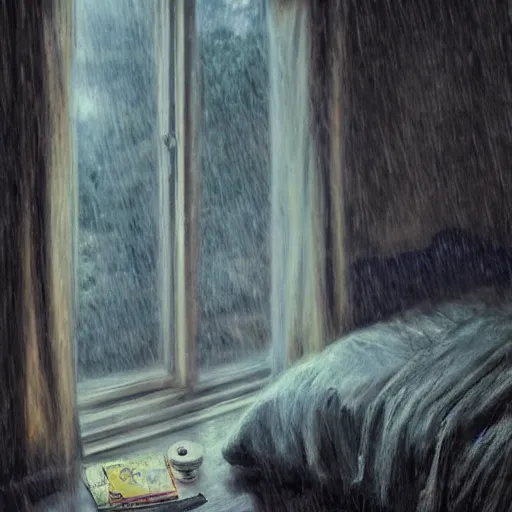 Prompt: on a rainy day, someone in home sits in bed, curled up under the covers, looking out the window, cinematic, artstation, extremely detailed, intricate, cinematic lighting, art by pierre - auguste renoir