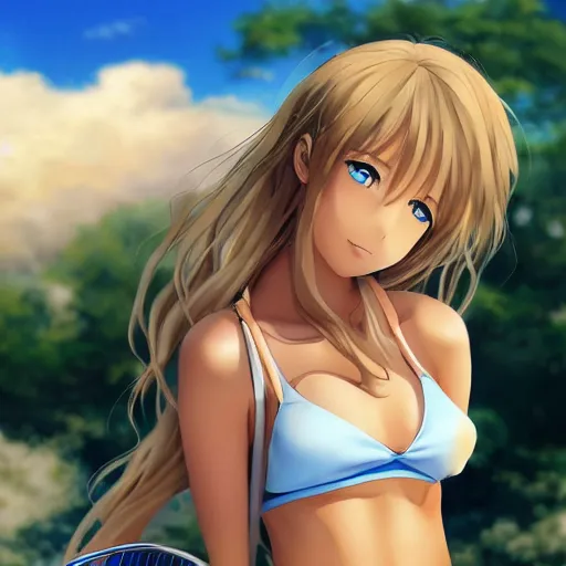 Image similar to a very beautiful young anime tennis girl, full body, long wavy blond hair, sky blue eyes, full round face, short smile, bikini, miniskirt, highly detailed, cinematic wallpaper by stanley artgerm lau