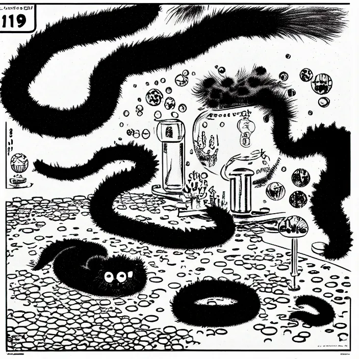 Prompt: a still frame from comic strip, black fluffy hairy snake in a fishtank 1 9 5 0, herluf bidstrup, new yorker illustration, monochrome contrast bw, lineart, manga, tadanori yokoo, simplified,