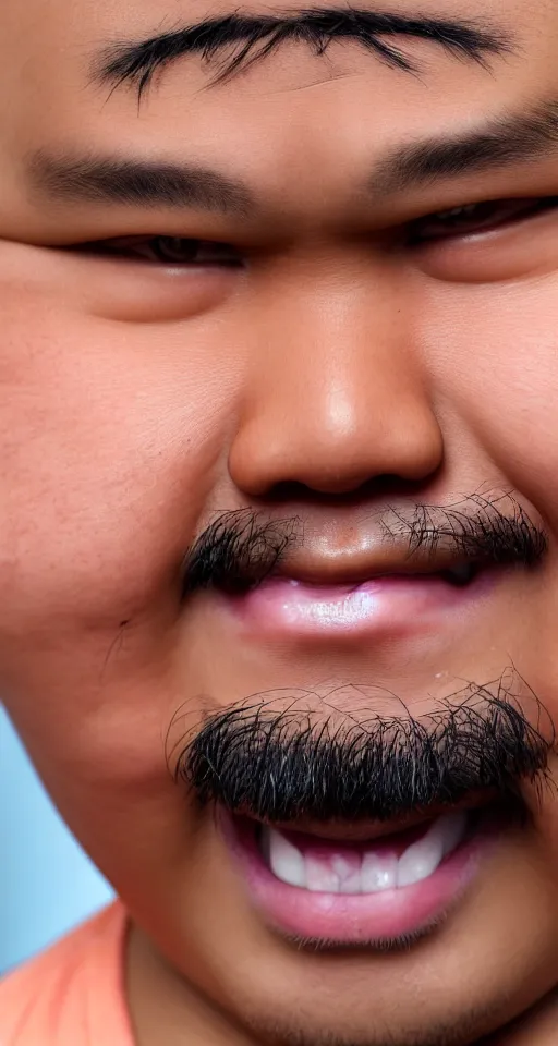 Image similar to close up photograph of just one single fat filipino teenage man smiling with crooked teeth, a curly perm, peach fuzz mustache, small studded earings, 4 k, photorealistic,