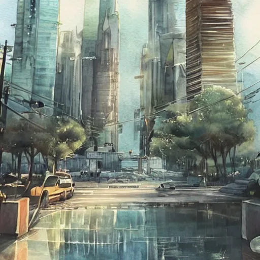 Prompt: Beautiful happy picturesque charming sci-fi city in harmony with nature. Beautiful light. Nice colour scheme, soft warm colour. Beautiful detailed watercolor by Lurid. (2022)