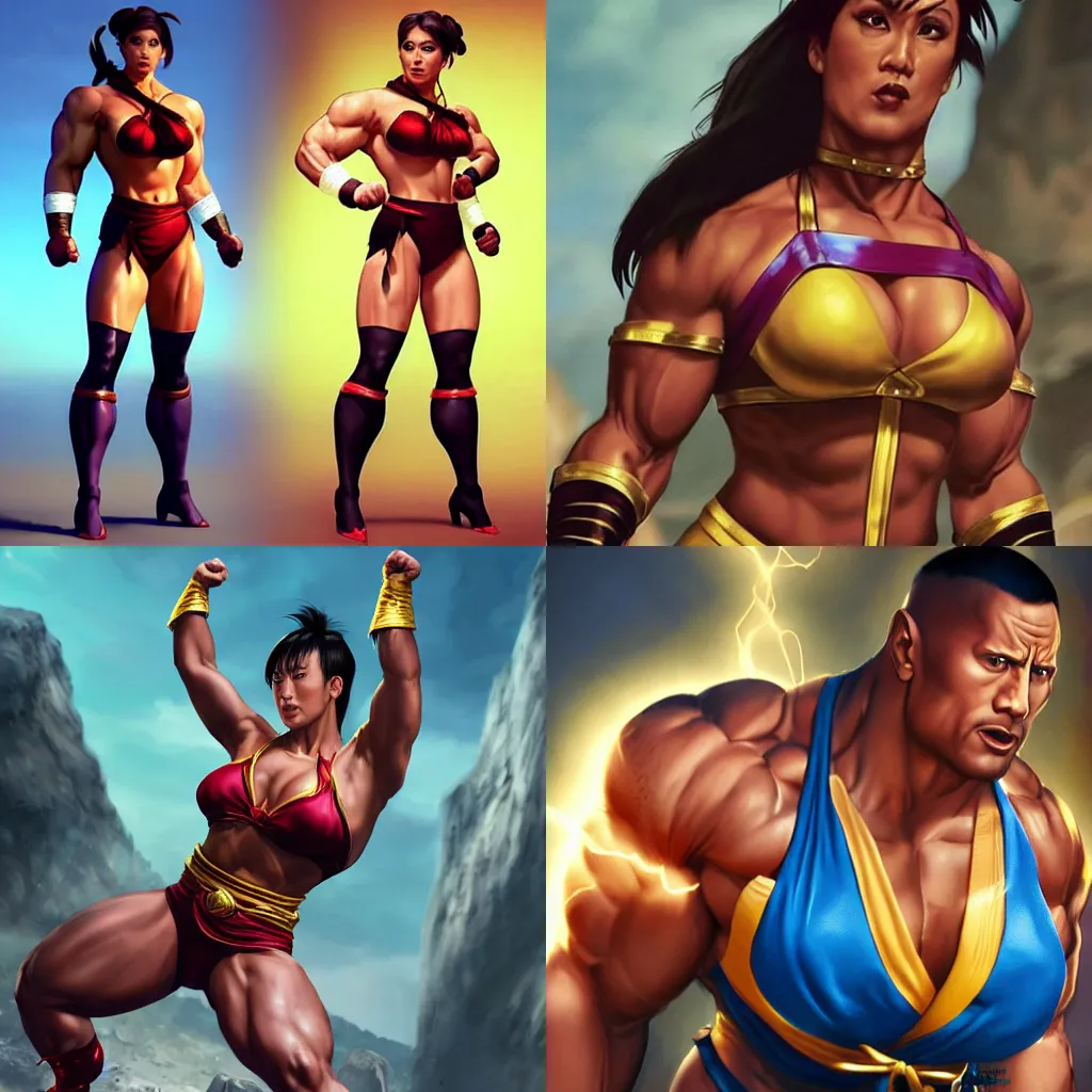 Image similar to dwayne johnson in tight woman chun li outfit with dwayne johnson face and dwayne johnson body, visible head and eyes, dwayne johnson dressing like chun li in street fighter, dwayne johnson wearing chun li's bikini, intricate, epic lighting, cinematic composition, hyper realistic, 8k resolution, unreal engine 5, by Artgerm, tooth wu, dan mumford, beeple, wlop, rossdraws, James Jean, Andrei Riabovitchev, Marc Simonetti, yoshitaka Amano, Artstation