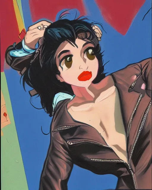 Image similar to young female protagonist in leather jacket, city street, artwork by ralph bakshi