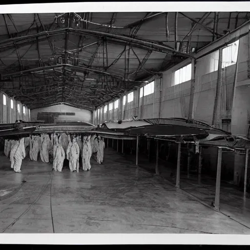 Prompt: an alien ship inside a hanger, old photo, vintage photo, grainy, realistic, real photo, men in hazmat suits standing around