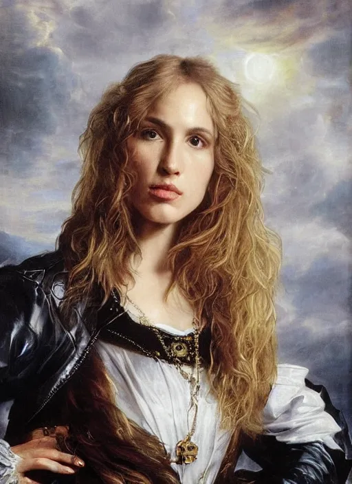 Image similar to , , amy jo johnson dressed as black Canary,, Dramatic, Edge, Good, Infused, Backlight, De-Noise, VFX, insanely detailed and intricate, hypermaximalist, facial ,elegant, ornate, hyper realistic, super detailed, by Anthony Van Dyck, by Ivan Shishkin, by John Constable