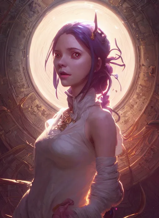 Image similar to Highly detailed portrait of Jinx from Arcane, Stephen Bliss, unreal engine, fantasy art by Greg Rutkowski, Loish, Rhads, ferdinand knab, Makoto Shinkai and Lois van baarle, ilya kuvshinov, rossdraws, Tom Bagshaw, alphonse mucha, global illumination, radiant light, detailed and intricate environment