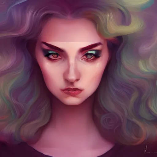 Image similar to portrait of a woman inspired by lois van baarle, charlie bowater, anna dittmann, illustration, iridescent, iridescent hair, face, hair styles, light makeup, glitter, self confidence, cinematic 8 k