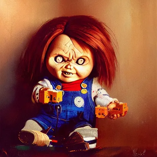 Image similar to the doll chucky playing super nintendo, oil painting, by greg rutkowski