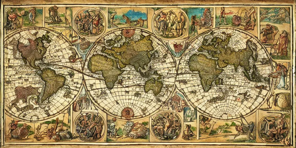 Image similar to insane ancient instructional maps, intricate details, full color,