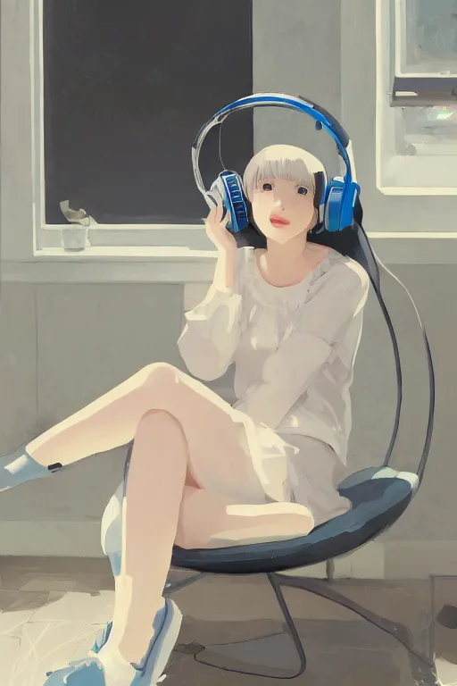 Image similar to a cute young woman sitting in a white bubble chair listening to music with her eyes closed and wearing headphones, white bob cut hair, freckles, cozy setting, blue and white, warm lighting, cinematic, moody, nier automata, poster, oil on canvas, in the style of Ilya Kuvshinov, Krenz Cushart, Range Murata, Eero Aarnio, 8k