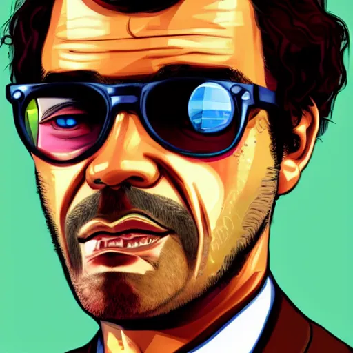 Image similar to delusional trippy conspiracy theorist person illustrated in the style of a GTA V poster, detailed, closeup