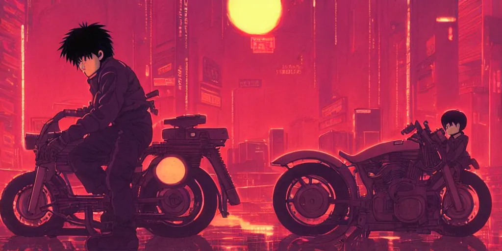 Image similar to twilight lighting, moody, atmospheric, solarpunk, kaneda and his motorcycle from akira, rainy, in the art style of neon genesis : evangelion, 8 0 s anime style, by ghibli studio and victor ngai, ghost in the shell art style, akira artstyle, pixar highly detailed, 8 k h 5 7 6