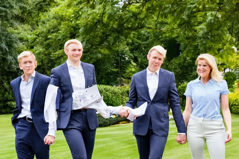 Image similar to beautiful confident smug thirtysomething blonde female president wearing suit alone in the white house rose garden with her two attractive boyfriends, holding hands, photograph, dslr, bokeh, romantic, campaign ad