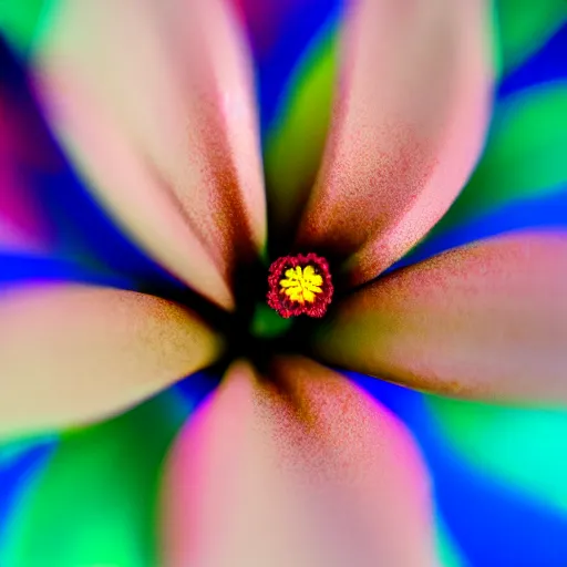 Image similar to closeup photo of rainbow - colored flower with 7 petals, held by hand, shallow depth of field, cinematic, 8 0 mm, f 1. 8